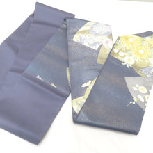 Load image into Gallery viewer, 名古屋帯 作り帯 名古屋帯 ブルーグレー地 扇面 花刺繍 正絹 分離型 ワンタッチ名古屋帯 未使用品
