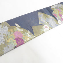 Load image into Gallery viewer, 名古屋帯 作り帯 名古屋帯 ブルーグレー地 扇面 花刺繍 正絹 分離型 ワンタッチ名古屋帯 未使用品