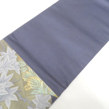 Load image into Gallery viewer, 名古屋帯 作り帯 名古屋帯 ブルーグレー地 扇面 花刺繍 正絹 分離型 ワンタッチ名古屋帯 未使用品