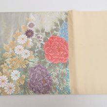 Load image into Gallery viewer, 袋帯 パステル系 銀色ｘ緑色ｘ金色ｘ多色 刺繍入り 花々文様 六通柄 正絹 フォーマル 仕立て上がり 着物帯 長さ432cm