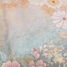 Load image into Gallery viewer, 袋帯 パステル系 銀色ｘ緑色ｘ金色ｘ多色 刺繍入り 花々文様 六通柄 正絹 フォーマル 仕立て上がり 着物帯 長さ432cm