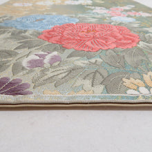 Load image into Gallery viewer, 袋帯 パステル系 銀色ｘ緑色ｘ金色ｘ多色 刺繍入り 花々文様 六通柄 正絹 フォーマル 仕立て上がり 着物帯 長さ432cm