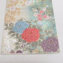 Load image into Gallery viewer, 袋帯 パステル系 銀色ｘ緑色ｘ金色ｘ多色 刺繍入り 花々文様 六通柄 正絹 フォーマル 仕立て上がり 着物帯 長さ432cm