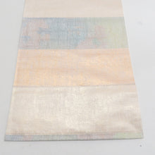 Load image into Gallery viewer, 袋帯 パステル系 金色ｘピンク色ｘ薄緑色 横段文様 六通柄 正絹 フォーマル 仕立て上がり 着物帯 長さ440cm