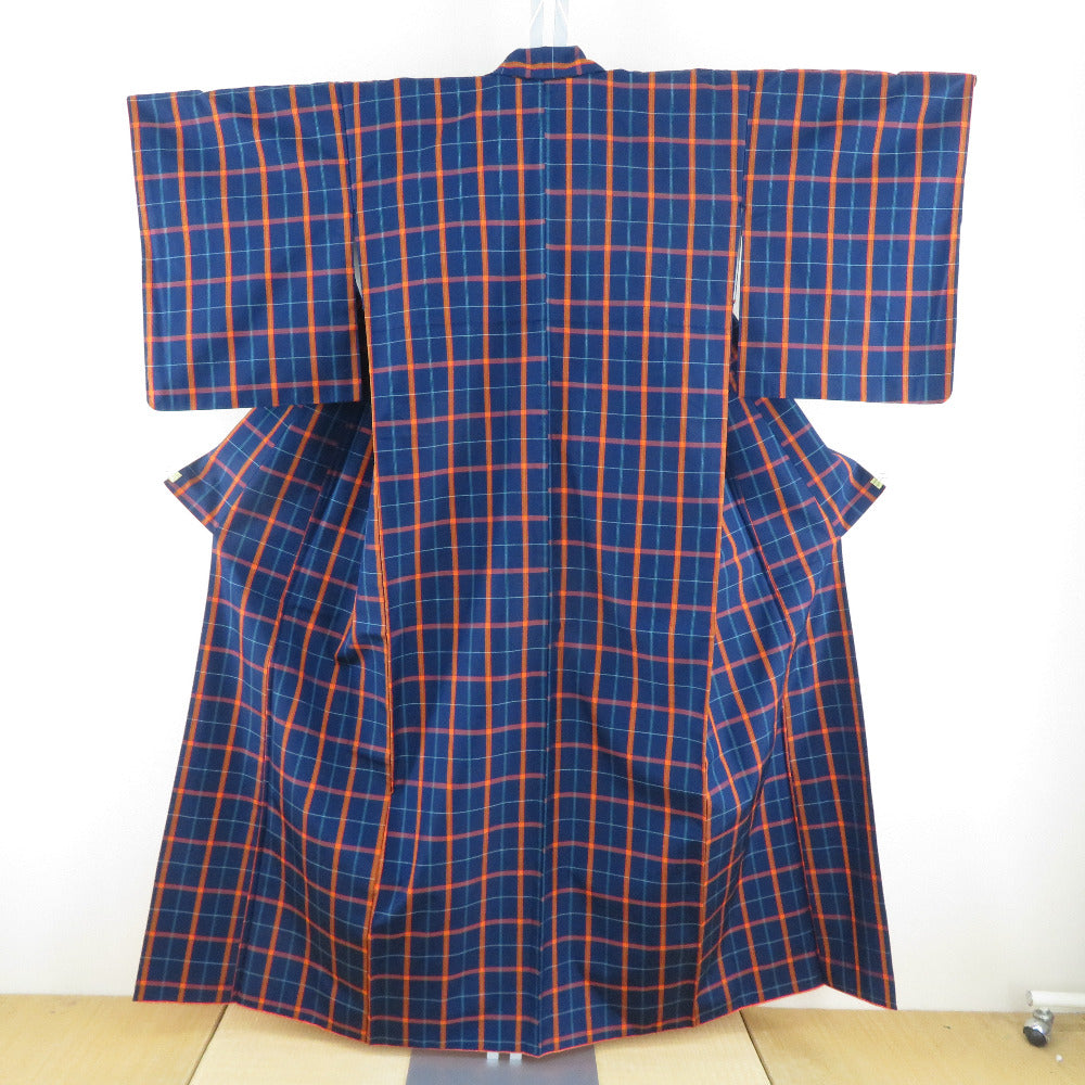 紬 着物 袷 正絹 紺色xオレンジ色x水色 格子 チェック模様 広衿