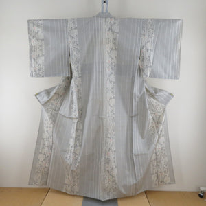 紬 着物 白大島紬 単衣 縦縞に草花模様 広衿 白色x赤色 正絹