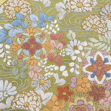画像をギャラリービューアに読み込む, 袋帯 サガラ刺繍 芥子色ｘ黄緑ｘ多色 金糸 全通柄 亀甲に花々文様 正絹 礼装 フォーマル 着物帯 長さ448cm