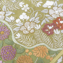 画像をギャラリービューアに読み込む, 袋帯 サガラ刺繍 芥子色ｘ黄緑ｘ多色 金糸 全通柄 亀甲に花々文様 正絹 礼装 フォーマル 着物帯 長さ448cm