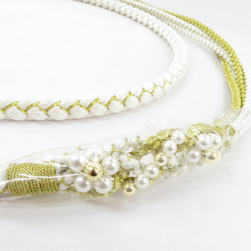 Obi tightening kimono belt 〆 white x gold pearl bead decorated gold thread 100% Marugumi adult ceremony graduation ceremonies length 170cm