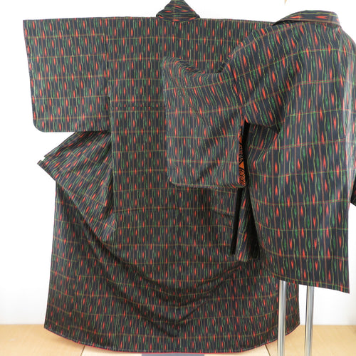Tsumugi Kimono Ensemble Yowa Kasuri Pure Silk Black Lined Wide Collar Haori Set Casual Kimono Tailor