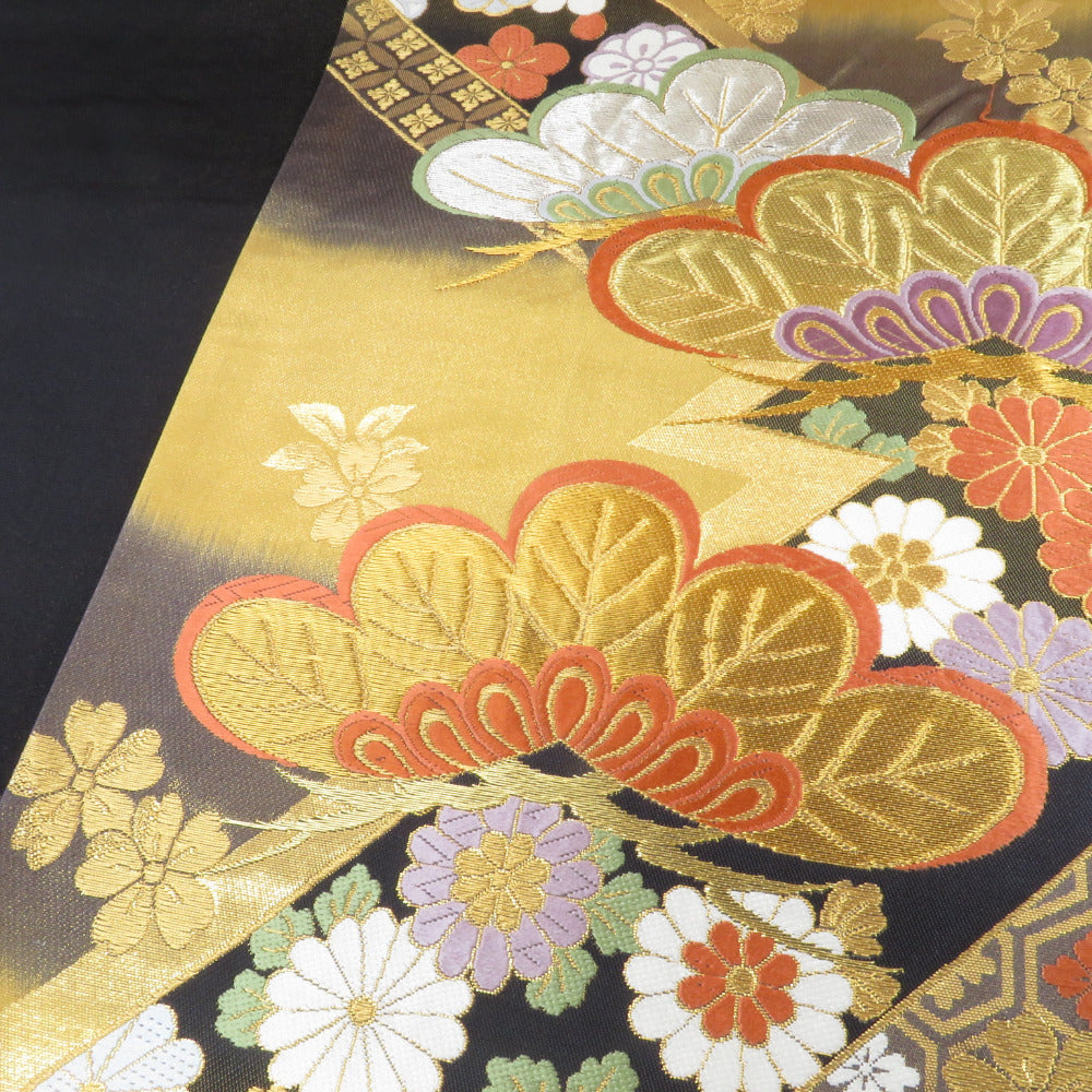 人気の黒金　振袖用　正絹袋帯　松　藤　成人式　卒業式　k364カラーゴールド