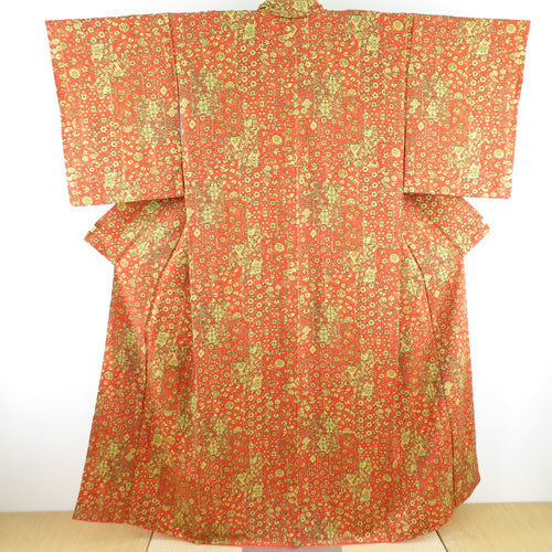 小紋 四角に花文様 正絹 橙色 袷 広衿 カジュアル 仕立て上がり着物 身丈156cm 美品
