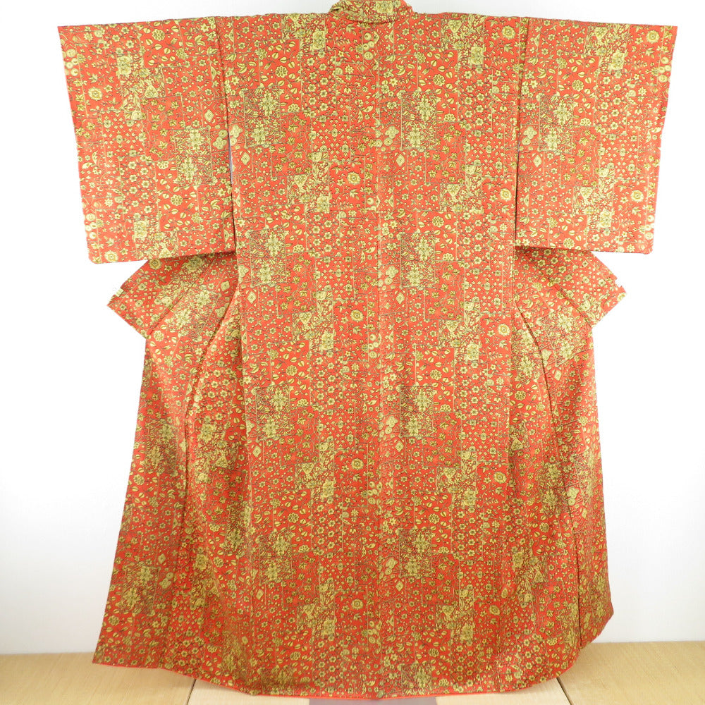 Komon square and flower -style silk silk orange, lined lined wide collar casual tailoring kimono 156cm beautiful goods