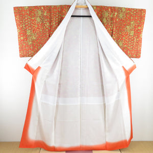 Komon square and flower -style silk silk orange, lined lined wide collar casual tailoring kimono 156cm beautiful goods