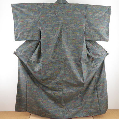 Tsumugi Kimono Building Woven Point Lined Bee Collar Black Multic Color Pure Silk Casual Kimono Tailor