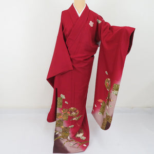 Kimono Benzen Set Character Folding Crane Pure Pure Silk Lined Lined Collar Red College Graduation Formal Tailoring Kimono Step Star 167cm