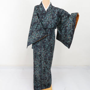 Tsumugi Kimono Shochiku Ume Lined Collar Big Blue Green Pure Silk Casual Casual Kimono Tailor