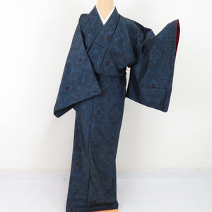 Tsumugi Kimono Antique Frequency Lined Collar Silk Pure Black Retro Retro Taisho Romance 154cm