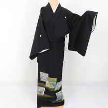 Load image into Gallery viewer, Edo landscape colored paper on the black back sleeve pure silk primary winged sword kimon lined lined collar dressing kimono formal tailoring 157cm beautiful goods