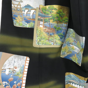 Edo landscape colored paper on the black back sleeve pure silk primary winged sword kimon lined lined collar dressing kimono formal tailoring 157cm beautiful goods