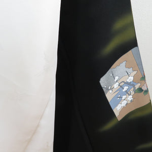 黒留袖 色紙に江戸風景 正絹 比翼付 剣片喰紋 袷 広衿 礼装着物 フォーマル 仕立て上がり 身丈157cm 美品