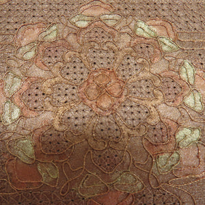 袋帯 スワトウ刺繍 金色 茶色 鳥に桜紋様 正絹 金糸 お太鼓柄 仕立て上がり 長さ420cm 美品