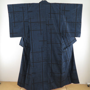 Tsumugi Kimono Cross Kasuri Pure Silk Black x Deep Blue Lined Lined Wide Contact Casual Tailor Railing Kimono 154cm Beautiful goods