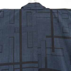 Tsumugi Kimono Cross Kasuri Pure Silk Black x Deep Blue Lined Lined Wide Contact Casual Tailor Railing Kimono 154cm Beautiful goods