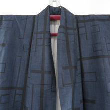 Load image into Gallery viewer, Tsumugi Kimono Cross Kasuri Pure Silk Black x Deep Blue Lined Lined Wide Contact Casual Tailor Railing Kimono 154cm Beautiful goods