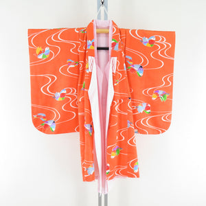 Children's kimono girls one body orange 2 -piece set, pure silk with undergarment formal girls Shichigosan celebration Children's height 81cm beautiful goods