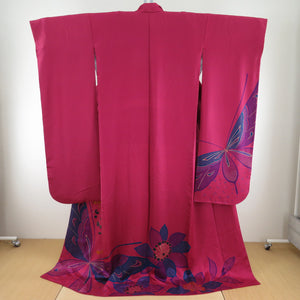 振袖 花に蝶々模様 正絹 袷 広衿 ダークピンク色 赤紫色 成人式 卒業式 フォーマル 仕立て上がり着物 身丈177cm 美品
