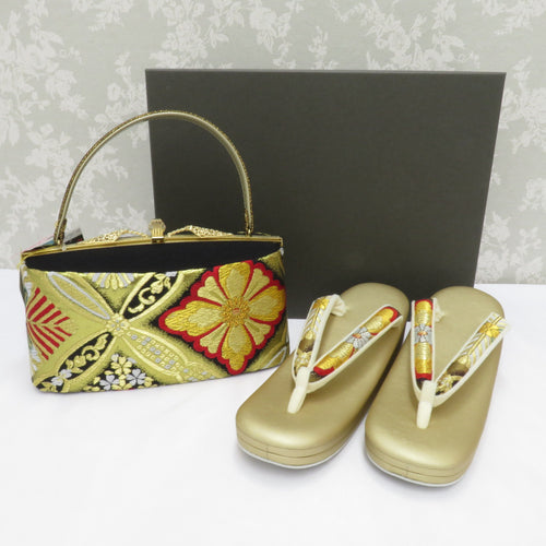 Sandals / bag sets for kimono sandals bag set 3L size adaptive size 26.0cm to 27.0cm gold x black flower crest pure silk zone formal graduation ceremony