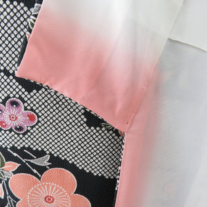 Kimono -type dyeing black x Salmon pink x white crepe plum pattern E.