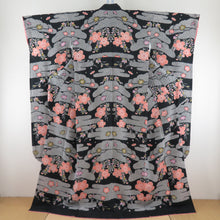 Load image into Gallery viewer, Kimono -type dyeing black x Salmon pink x white crepe plum pattern E.