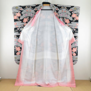 Kimono -type dyeing black x Salmon pink x white crepe plum pattern E.