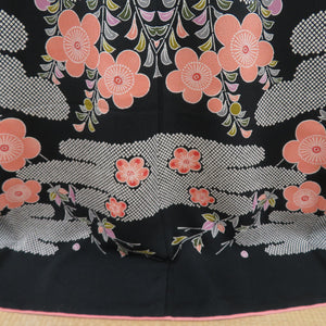 Kimono -type dyeing black x Salmon pink x white crepe plum pattern E.