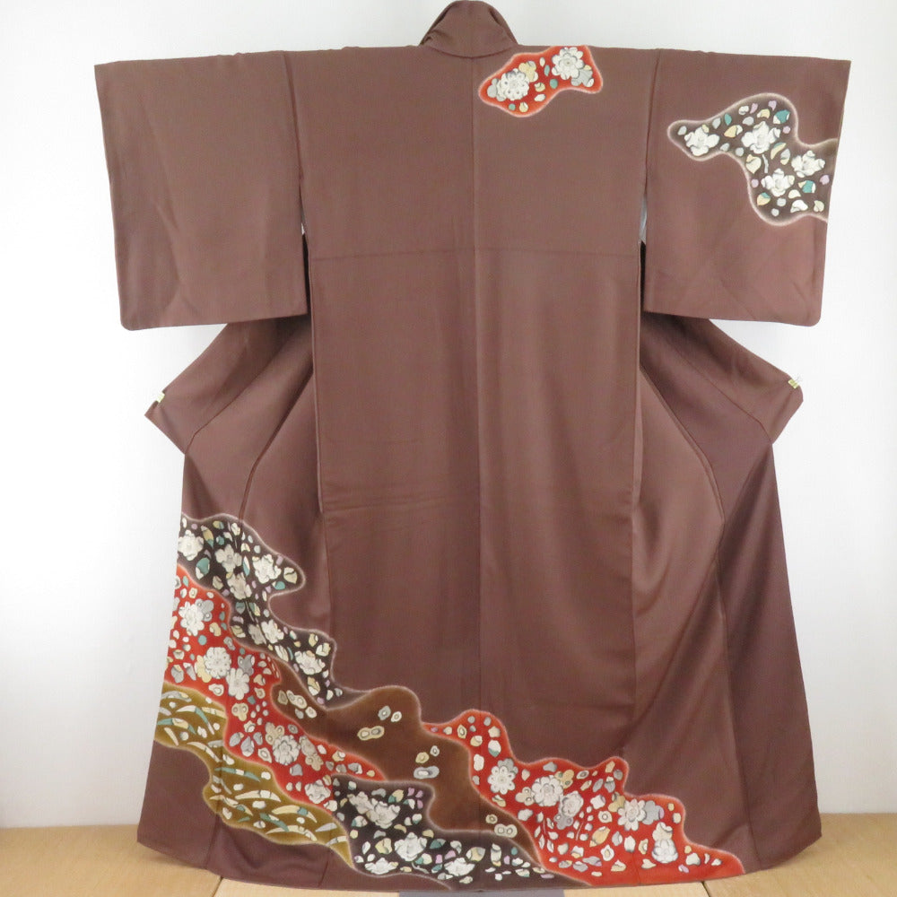 Visit arrival Tsubaki Popular Lined collar silk silk brown crestless tailoring kimono 166cm