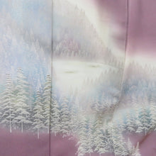 画像をギャラリービューアに読み込む, 付下げ 立木風景 紫色 袷 広衿 正絹 紋なし 仕立て上がり着物 身丈156cm
