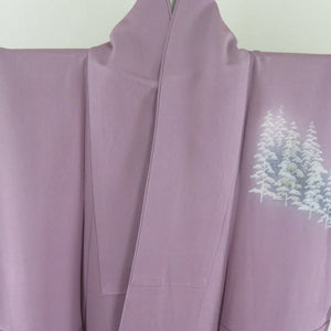 付下げ 立木風景 紫色 袷 広衿 正絹 紋なし 仕立て上がり着物 身丈156cm
