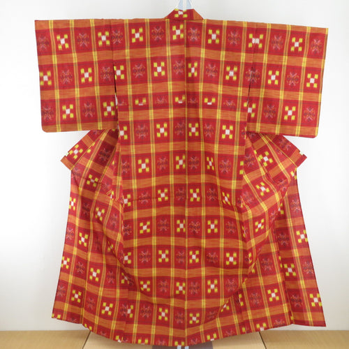ウール着物 単衣 変わり格子文様 織り文様 赤色 バチ衿 カジュアルきもの 普段着物 仕立て上がり 身丈154cm