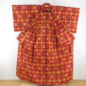 ウール着物 単衣 変わり格子文様 織り文様 赤色 バチ衿 カジュアルきもの 普段着物 仕立て上がり 身丈154cm