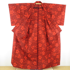 ウール着物 単衣 桔梗 織り文様 赤色 バチ衿 カジュアルきもの 普段着物 仕立て上がり 身丈155cm