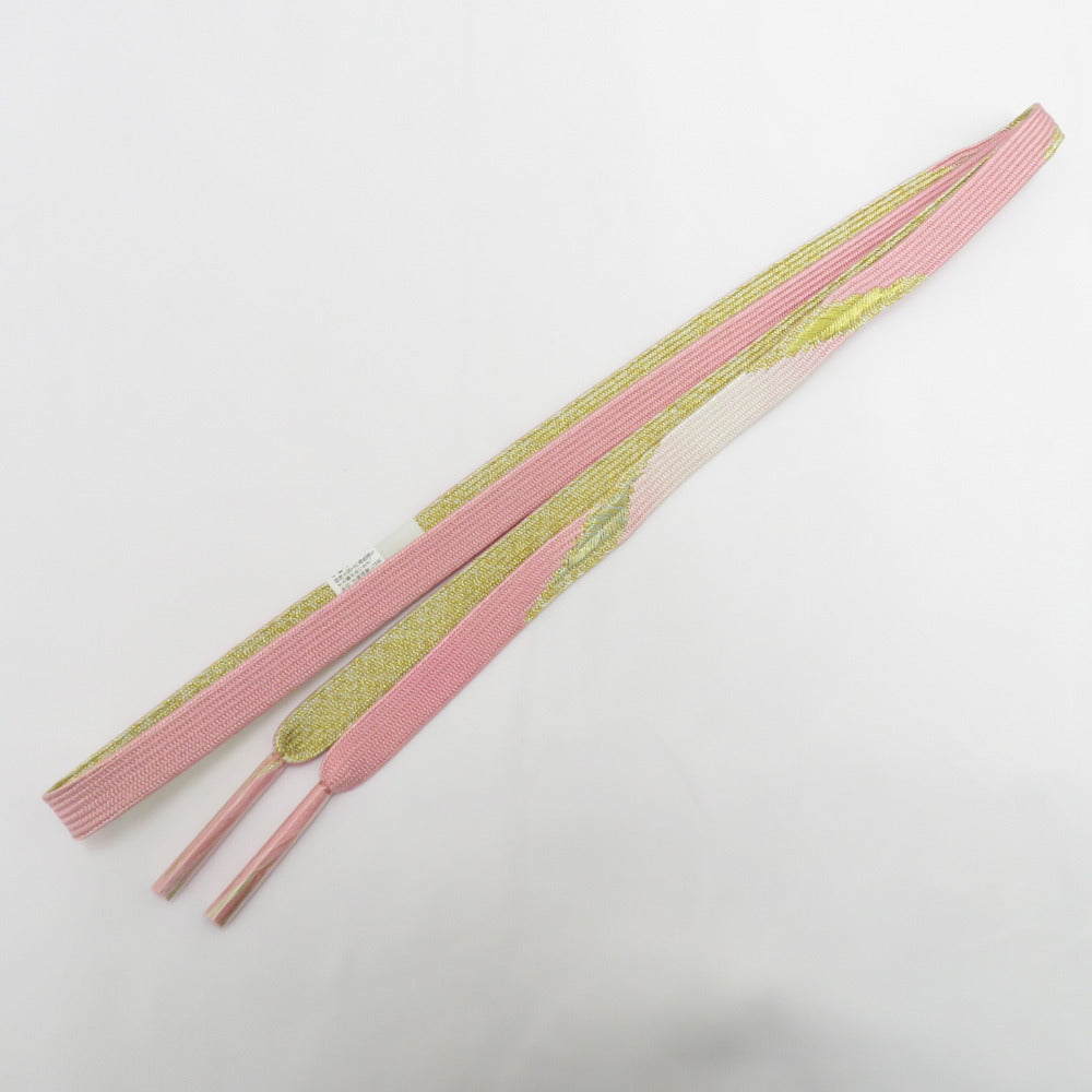 帯締め 平組 絹100% ピンク×ゴールド系 Mサイズ 金属糸使用 帯〆
