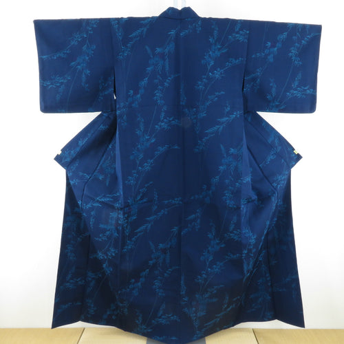 ウール着物 単衣 笹に菊 織り文様 紺色 バチ衿 カジュアルきもの 普段着物 仕立て上がり 身丈156cm