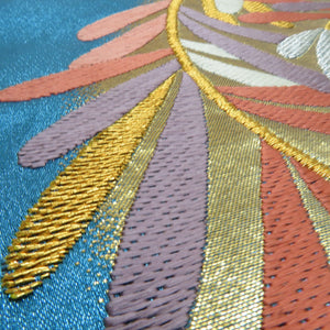 袋帯 振袖用 彩松丸取文様 水色 六通柄 正絹 金糸 成人式 仕立て上がり 長さ428cm