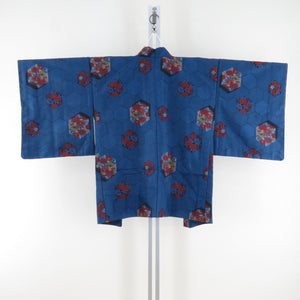 Wool kimono ensemble haori set flower turtle shell single clothing blue woven pattern wide collar casual kimono tailor height 156cm