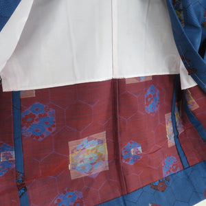 Wool kimono ensemble haori set flower turtle shell single clothing blue woven pattern wide collar casual kimono tailor height 156cm