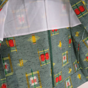 ウール着物 アンサンブル 羽織セット 遠州椿 単衣 青緑色 織り文様 バチ衿 カジュアルきもの 仕立て上がり 身丈157cm