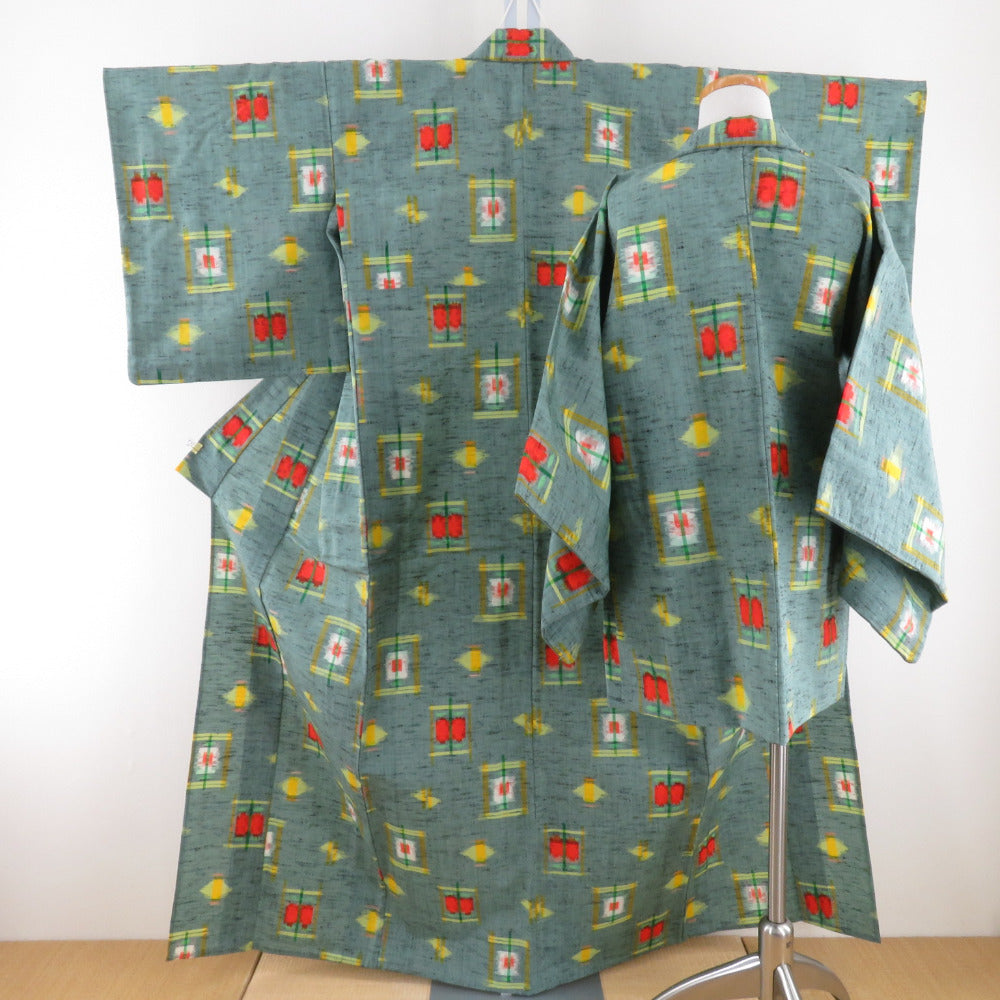 Wool Kimono Ensemble Haori Set Enshu Tsubaki Single Character Blue Green Woven Point Bachi Casual Kimono Tailor