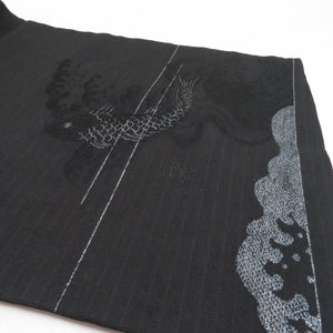 Nagoya Obi Antique Embroidery Red and Koi Kinken Kinu Ninogo and Obi Black Silver Thread Retro Kimono Length 340cm